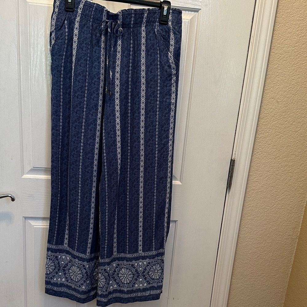 Women's Blue & White Patterned Wide Leg Boho Pants Size M